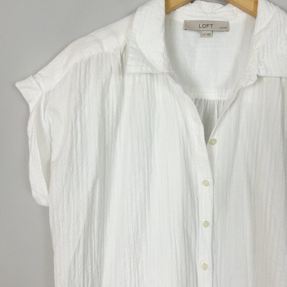 Loft Gauzy White Button Down Shirt Boxy Collared Hi-Low Size Petite Large Womens - Picture 2 of 4